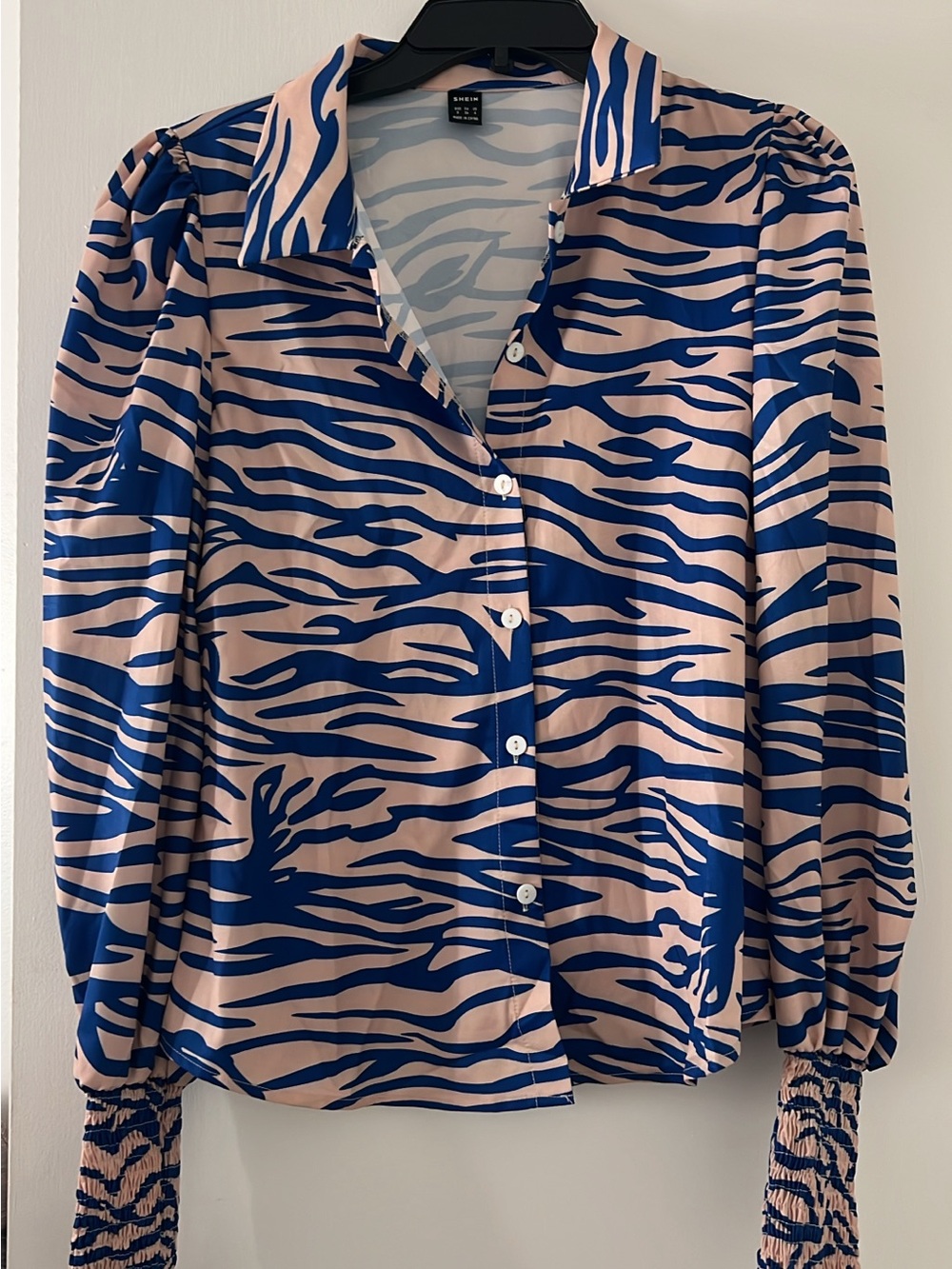 SHEIN Blush and Navy Zebra-Print Button Front Blouse